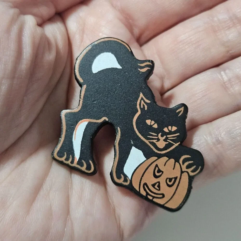 Halloween Black Cat And Pumpkin Wood Brooch